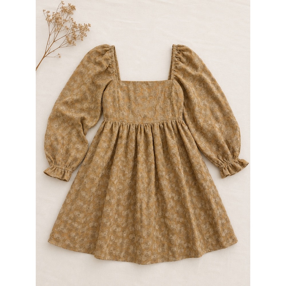 Storia Gold Floral Jacquard Puff Sleeve Babydoll Mini Dress Cottagecore Romantic